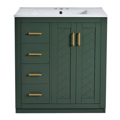 30'' Bathroom Vanity with Ceramic Sink Combo,Solid Wood Frame Bathroom Storage Cabinet, Freestanding Vanity Set with 3 Drawers& Soft Closing Doors