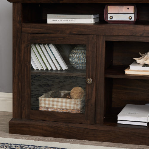 60 Inch Brown Farmhouse Glass Door TV Stand MDF Media Console with 5 Cable Holes Fits TVs Up To 65 Inch