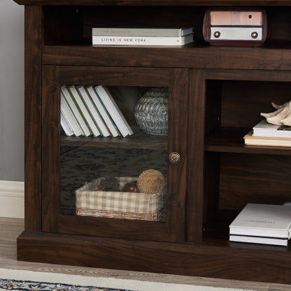 60 Inch Brown Farmhouse Glass Door TV Stand MDF Media Console with 5 Cable Holes Fits TVs Up To 65 Inch