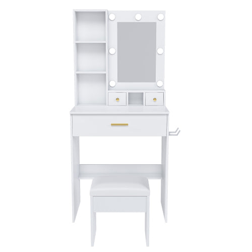 Vanity Table with Mirror & Adjustable LED Lights, Power Outlet, Hairdryer Holder & Stool ¨C Compact Dressing Desk for Small Bedrooms(White)