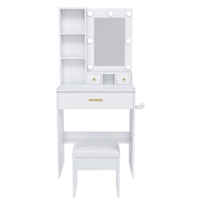 Vanity Table with Mirror & Adjustable LED Lights, Power Outlet, Hairdryer Holder & Stool ¨C Compact Dressing Desk for Small Bedrooms(White)