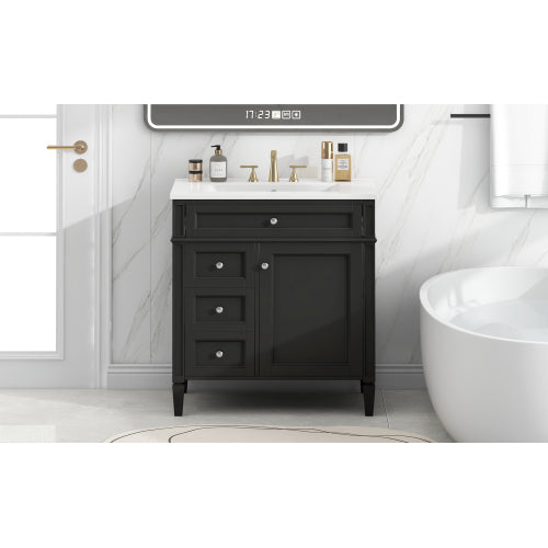 30'' Bathroom Vanity with Top Sink, Modern Bathroom Storage Cabinet with 2 Drawers and a Tip-out Drawer, Single Sink Bathroom Vanity