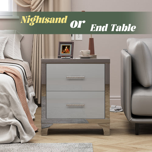 High Gloss Mirrored Nightstand with 2 Drawers,Modern End Table with Drawers,Mirrored High Gloss Wood Nightstand Metal Handle Bedside End Table for Bedroom, Dorm,Living Room,Grey