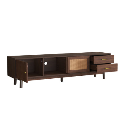 70.86 Inch Dark Brown PE Rattan Sliding Door TV Stand Solid Wood Leg Media Console For 80 Inch TV