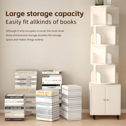 White 5-Tier Rotating Bookshelf with Double Door Drawer, Slim Wooden Corner Storage Cabinet for Home