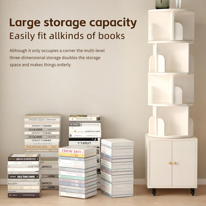 White 5-Tier Rotating Bookshelf with Double Door Drawer, Slim Wooden Corner Storage Cabinet for Home