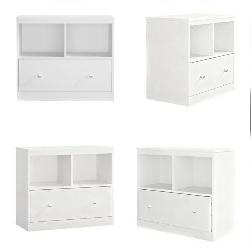 White Kids Storage Cabinet 2 Open Shelves With Full-Width Drawer Anti-Tip Design For Playroom Nursery