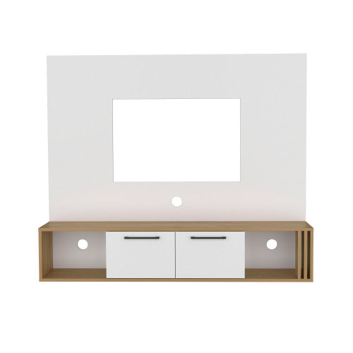 56.1 Inch Natural Oak White Floating Style Entertainment Center with Cable Management Holes