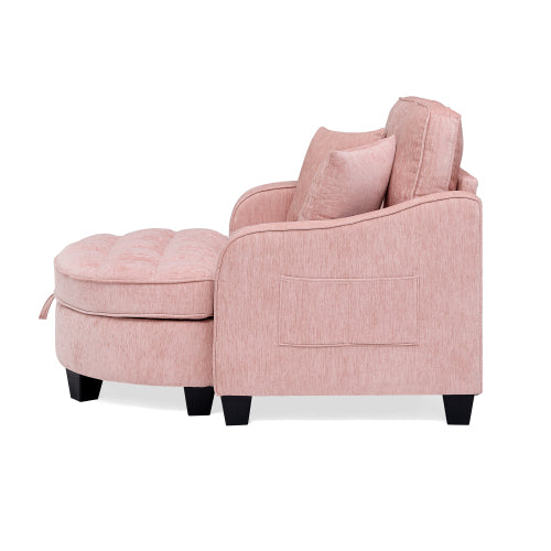 Pink 2-Seater Sofa Chaise, Irregular Armrest, Storage Footrest & 2 Pillows