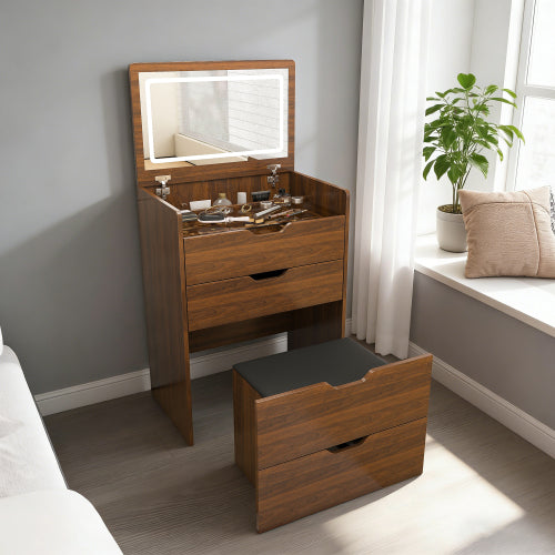 3-in-1 Vanity Desk with Lighted Mirror & Stool, Flip Top Makeup Dressing Table, Compact Storage for Bedroom, Bathroom, Dressing Room(23.62inch L, Walnut)