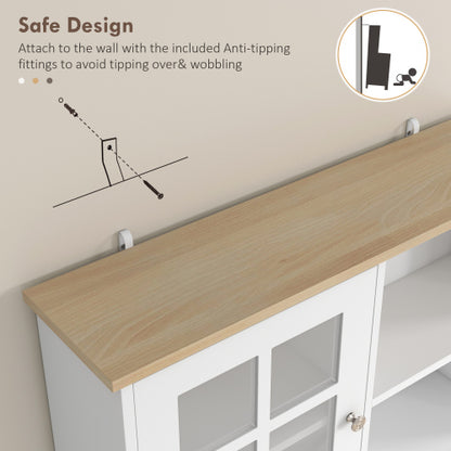 Kitchen Pantry Cabinet, 72 inch Freestanding Storage Cabinet with Hutch, Large Countertop, Glass Doors and Adjustable Shelves, Microwave Cabinet, Coffee Bar Cabinet for Dining Room, White