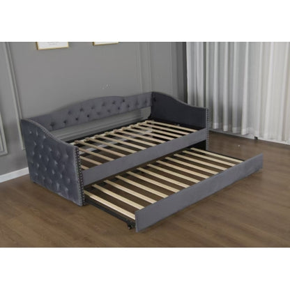 Twin Size Upholstered Daybed with Trundle and USB Charging Design, Sturdy Wood Slat Support, Wood Bed Frame for Bedroom/Guestroom/Dorm,Plush Velvet Fabric,Gray