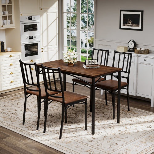 4-Piece Walnut Industrial Dining Set, Table & 4 PU Benches