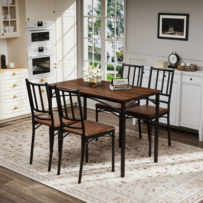 4-Piece Walnut Industrial Dining Set, Table & 4 PU Benches
