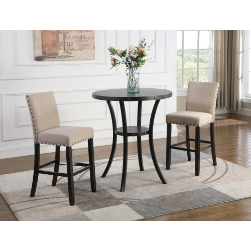 3-Piece 36inch  Round Espresso Finish Bar Table with 2 Tan Fabric Nail Head Pub Chairs
