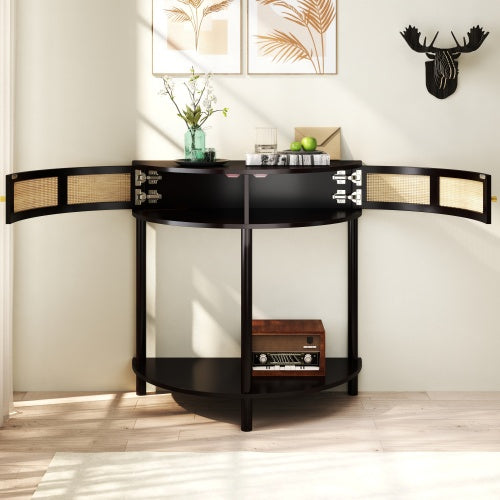 Half Moon Console Table Rattan Sliding Door Storage Entryway Cabinet Black Boho Accent