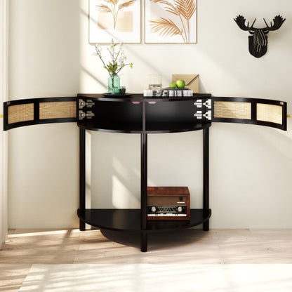Half Moon Console Table Rattan Sliding Door Storage Entryway Cabinet Black Boho Accent