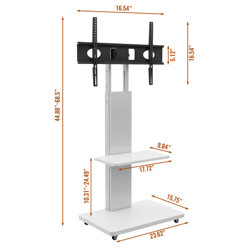 White Mobile TV Cart with Lockable Wheels, Height Adjustable Floor TV Stand for 32-75 Inch TV