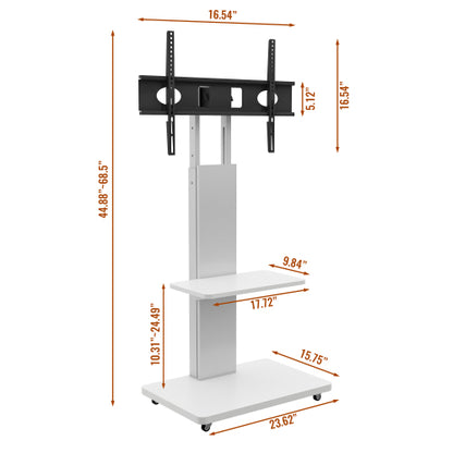White Mobile TV Cart with Lockable Wheels, Height Adjustable Floor TV Stand for 32-75 Inch TV