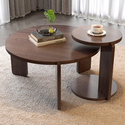 Set of 2 Walnut Veneer Nesting Round Coffee Tables, Water Resistant PU Paint MDF Side Table
