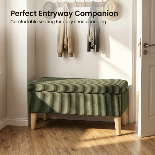 32 inch Olive Green Corduroy Flip-Top Storage Ottoman Bench, Wooden Leg Upholstered End of Bed & Entryway Stool