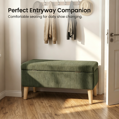 32 inch Olive Green Corduroy Flip-Top Storage Ottoman Bench, Wooden Leg Upholstered End of Bed & Entryway Stool