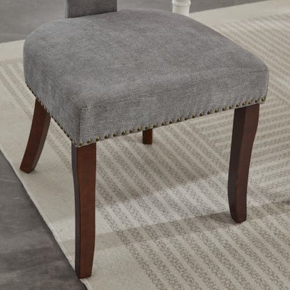 Set of 2 Gray Linen Mid-Century Farmhouse Dining Chairs, Copper Nail Curved Back Walnut Solid Wood Legs 300lbs Capacity