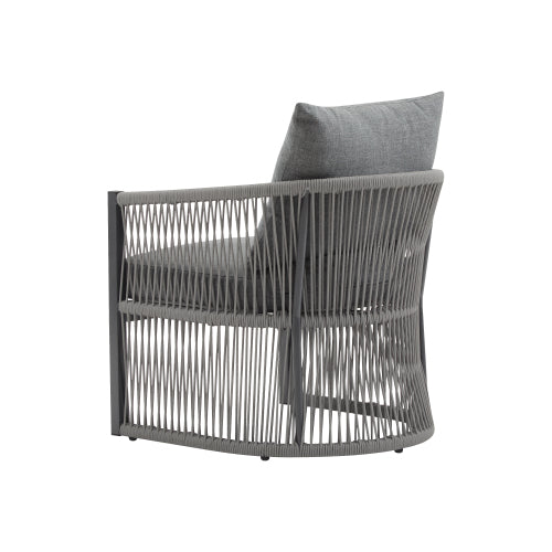 Modern Gray Curved Aluminum Lounge Chair with Stylish Rope-Weave Design and Cushioned Comfort, Perfect for Outdoor Living
