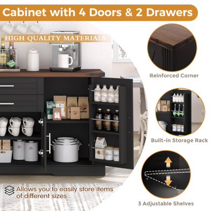 63 inch Farmhouse Barn Door Storage Cabinet with 2 Drawers & Door Rack, Large Buffet Table Coffee Bar Cabinets with Adjustable Shelves for Kitchen, Living Room, Entryway, Dining Room, Black