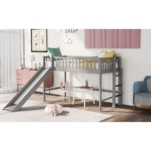 Twin Size Low Loft Bed with Ladder and Slide, Gray
