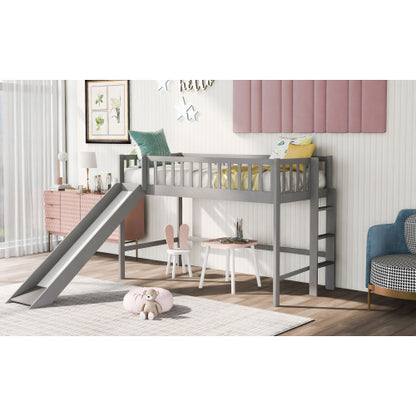 Twin Size Low Loft Bed with Ladder and Slide, Gray
