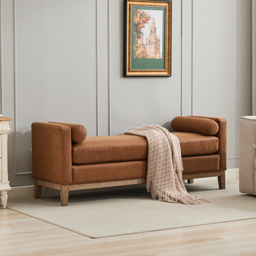 66.34inch W Elegant Upholstered Bench,Daybed, Ottoman with Wood Legs & 2 Bolster Pillows for End of Bed, Bedroom, Living Room, Entryway,Brown Polyurethane(PU)