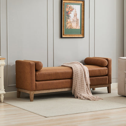 66.34inch W Elegant Upholstered Bench,Daybed, Ottoman with Wood Legs & 2 Bolster Pillows for End of Bed, Bedroom, Living Room, Entryway,Brown Polyurethane(PU)