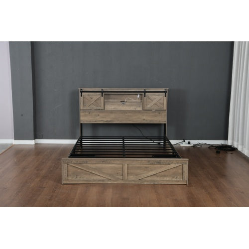 Farmhouse Bed Frame Queen Size with LED Lights and Charging Station, Wooden Queen Bed with 2 Storage Drawers, Rustic Headboard with Sliding Barn Door Storage Cabinets