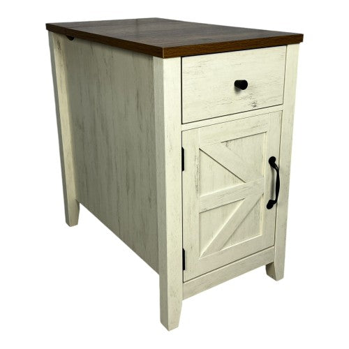Brown White Farmhouse Nightstand with Charging Station