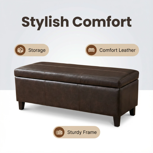 Distressed Brown Vegan Leather Storage Ottoman Bench, 50.25 Inch Assembled Entryway Bench with Safety Hinge