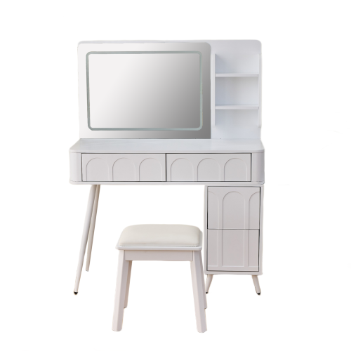 White Modern Vanity Desk Set, Fluted Wave Panel, 3 Color Dimmable LED Mirror, Adjustable Side Cabinet & PU Stool