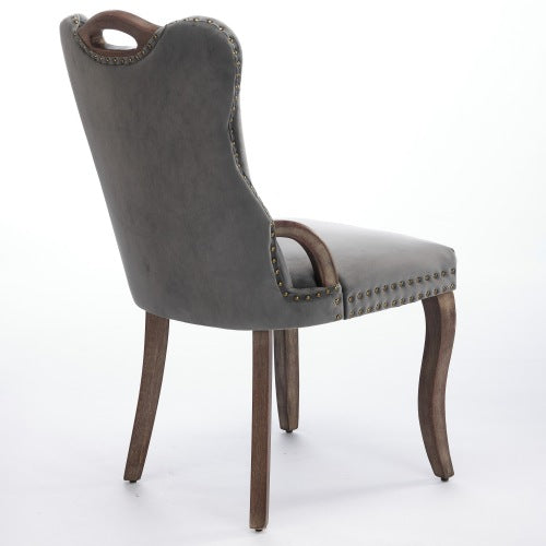 Set of 2 Gray Hand Tufted Velvet Dining Chairs, Solid Wood Handles Vintage Copper Nail Curved Wood Legs