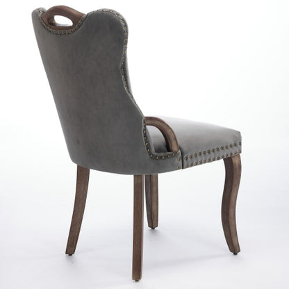 Set of 2 Gray Hand Tufted Velvet Dining Chairs, Solid Wood Handles Vintage Copper Nail Curved Wood Legs