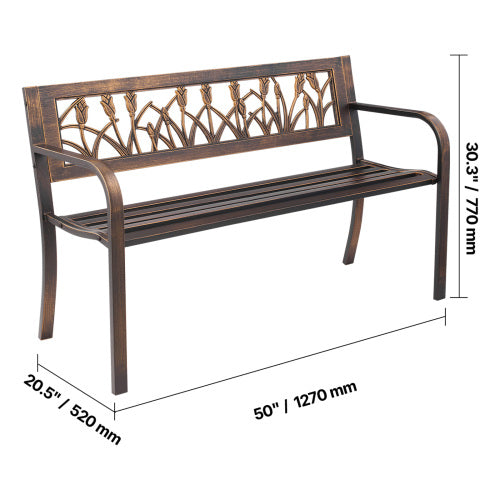 Outdoor Bench, 50 inch, Carbon Steel Metal Frame with PVC Floral Pattern Backrest and Round Edge Armrests, Weatherproof Outside Bench for Patio, Garden, Park, Yard, Front Porch, Antique Bronze