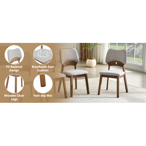 Set of 2 Walnut Solid Wood Dining Chairs, Hollow Out Curved Back Chairs with Gray Fabric