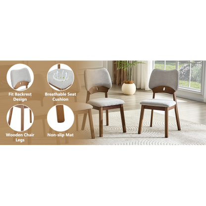 Set of 2 Walnut Solid Wood Dining Chairs, Hollow Out Curved Back Chairs with Gray Fabric