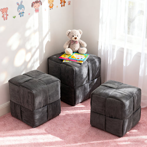 Grey Square Corduroy Ottoman Footrest, 300 LBS Engineered Wood Frame No-Assembly Vanity Stool