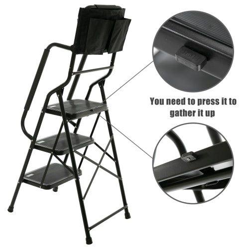 3 Step Ladder with Handrails 500 lb Capacity Step Stool Folding Ladders for Home Kitchen Steel Frame with Safety Side Handrails Non-Slip Wide Pedal Stepladder with Attachable Tool Bag Black