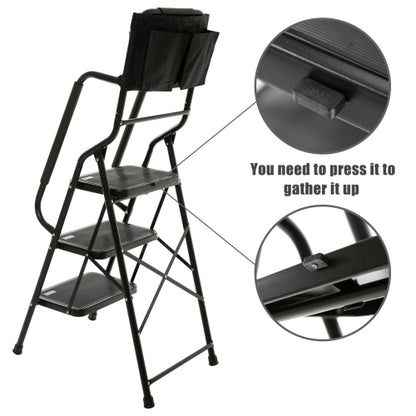 3 Step Ladder with Handrails 500 lb Capacity Step Stool Folding Ladders for Home Kitchen Steel Frame with Safety Side Handrails Non-Slip Wide Pedal Stepladder with Attachable Tool Bag Black