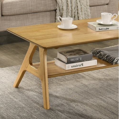 Mid Century Modern Wood Coffee Table with Storage Shelf MDF Veneer Rubberwood Base