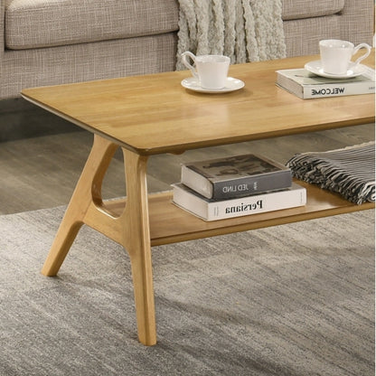 Mid Century Modern Wood Coffee Table with Storage Shelf MDF Veneer Rubberwood Base