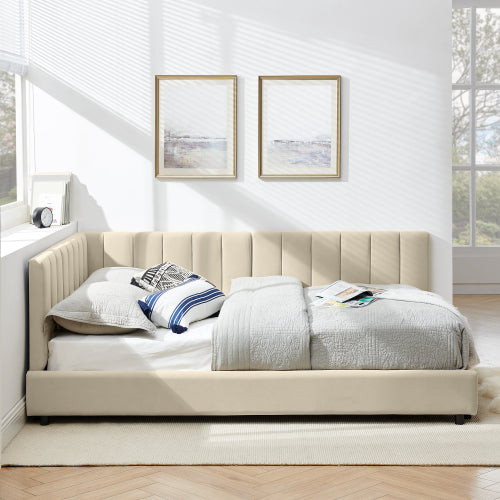 Full Size Upholstered Tufted Bed Frame, Sofa Bed Frame with Comfortable Backrest and Armrests, Full Size Bed for Bedroom, Living Room,Velvet-Beige(81inch *60inch *29.5inch )