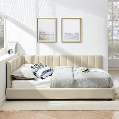 Full Size Upholstered Tufted Bed Frame, Sofa Bed Frame with Comfortable Backrest and Armrests, Full Size Bed for Bedroom, Living Room,Velvet-Beige(81inch *60inch *29.5inch )
