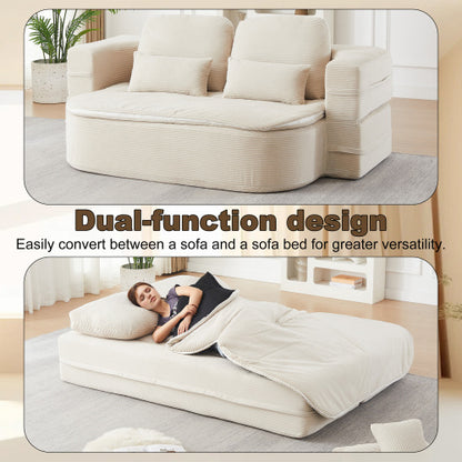 75 inch  Corduroy Convertible Floor Sofa Bed with Built-in Blanket & 4 Pillows